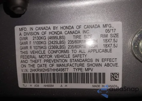 2017 Honda Cr-V Touring из США, поврежденный, VIN 2HKRW2H97HH649877